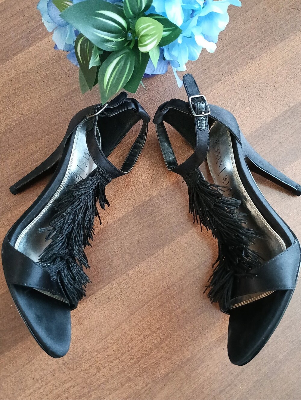 White House Black Market "Cape" Black Satin Tuxedo Fringe Ankle Strap Heels (7.5